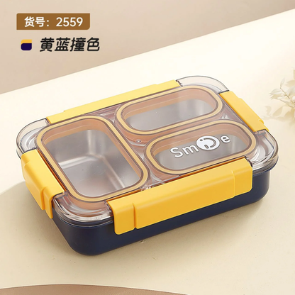 Stainless Steel 3 Compartment Lunch Box with Spoon & fork  Secure Lock & Leak-Proof