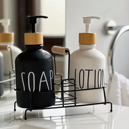 Luxury Ceramic Soap & Lotion Dispenser Set with Metal Stand – Modern Bathroom Counter Organizer