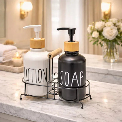Luxury Ceramic Soap & Lotion Dispenser Set with Metal Stand – Modern Bathroom Counter Organizer