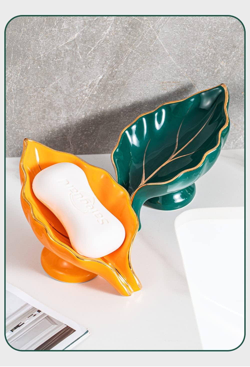 Ceramic Soap Dish with Drain Ruffled Leaf Shape Self Draining Bar