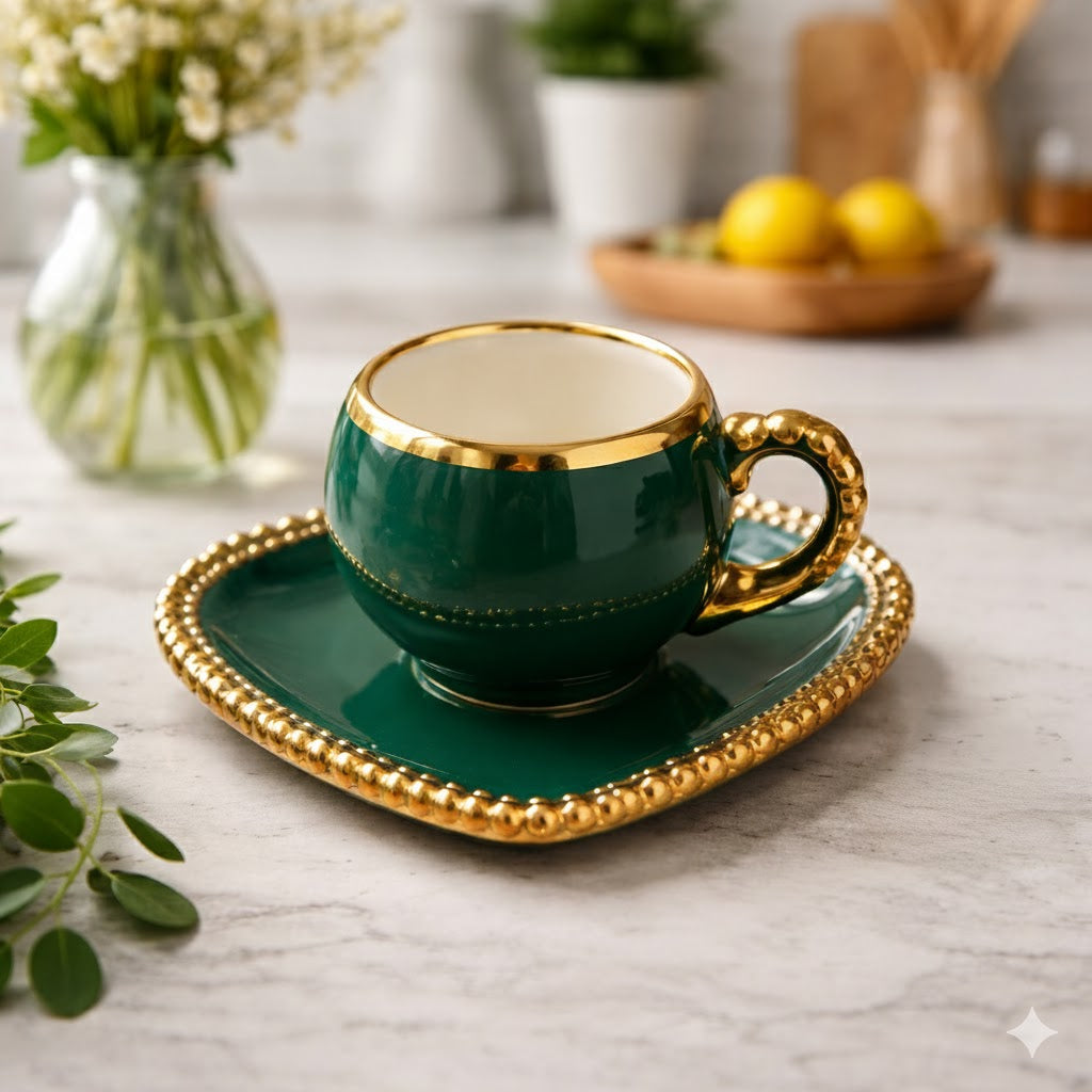 Luxury Heart-Shaped Tea Cup & Saucer with Gold Rim – 1 Piece