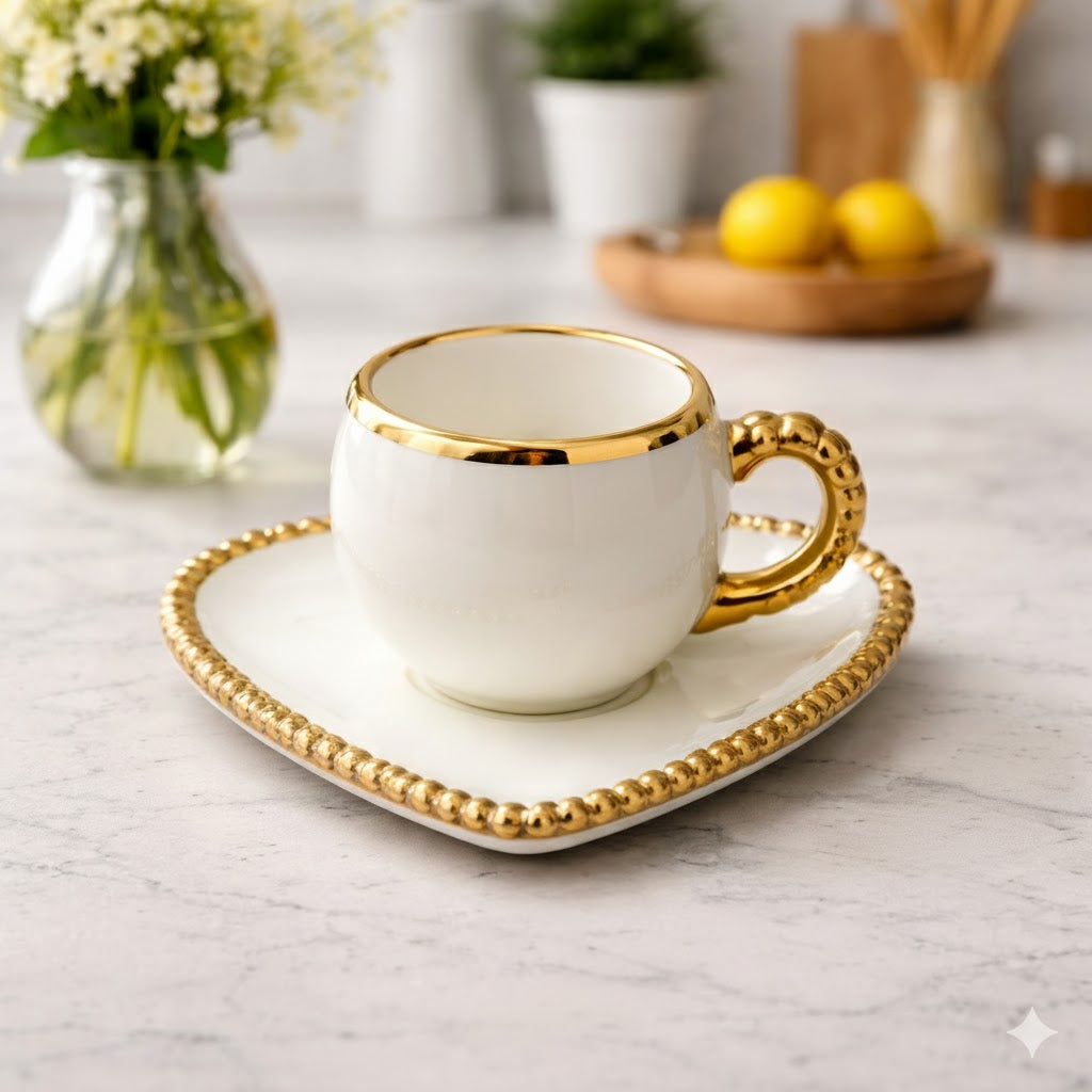 Luxury Heart-Shaped Tea Cup & Saucer with Gold Rim – 1 Piece