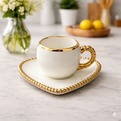 Luxury Heart-Shaped Tea Cup & Saucer with Gold Rim – 1 Piece