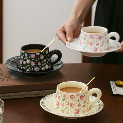 Vintage Painting Style Ceramic Mug With Saucer, Ceramic Cup With Steel Spoon, Coffee Glass (1pc)