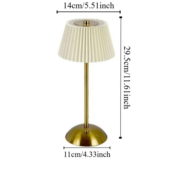 Elegant Rechargeable Touch LED Table Lamp – White Pleated Shade & Golden Base