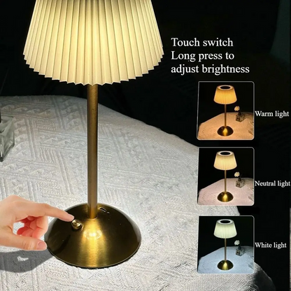 Elegant Rechargeable Touch LED Table Lamp – White Pleated Shade & Golden Base
