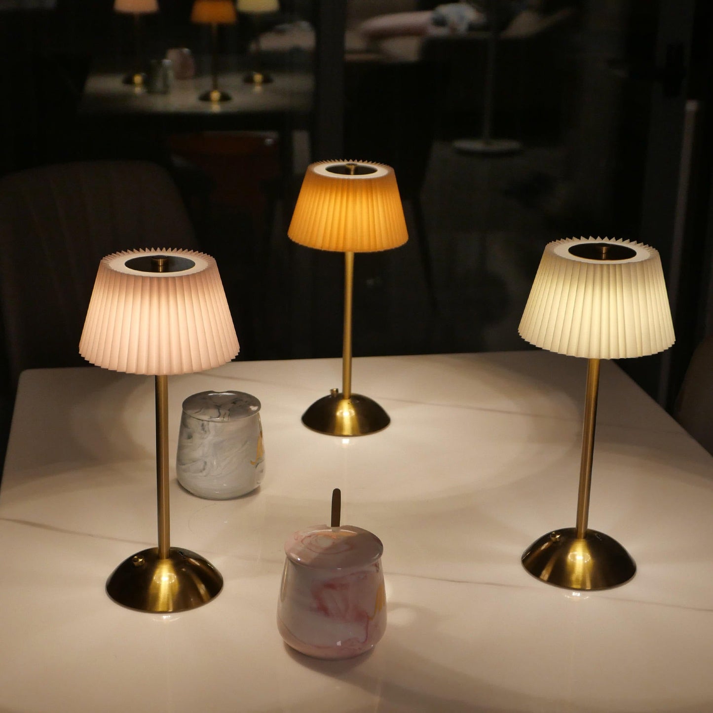 Elegant Rechargeable Touch LED Table Lamp – White Pleated Shade & Golden Base