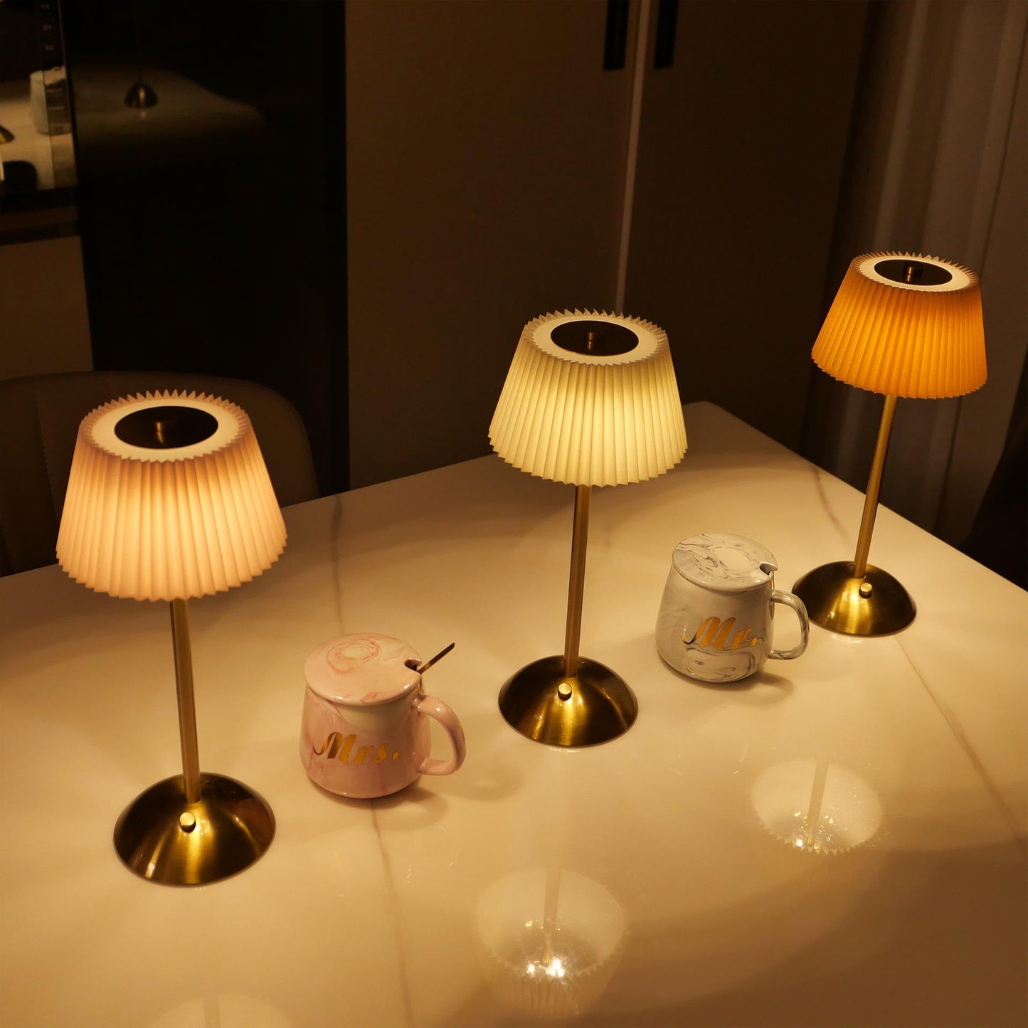 Elegant Rechargeable Touch LED Table Lamp – White Pleated Shade & Golden Base