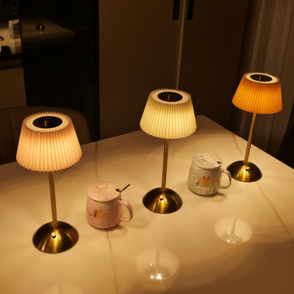Elegant Rechargeable Touch LED Table Lamp – White Pleated Shade & Golden Base