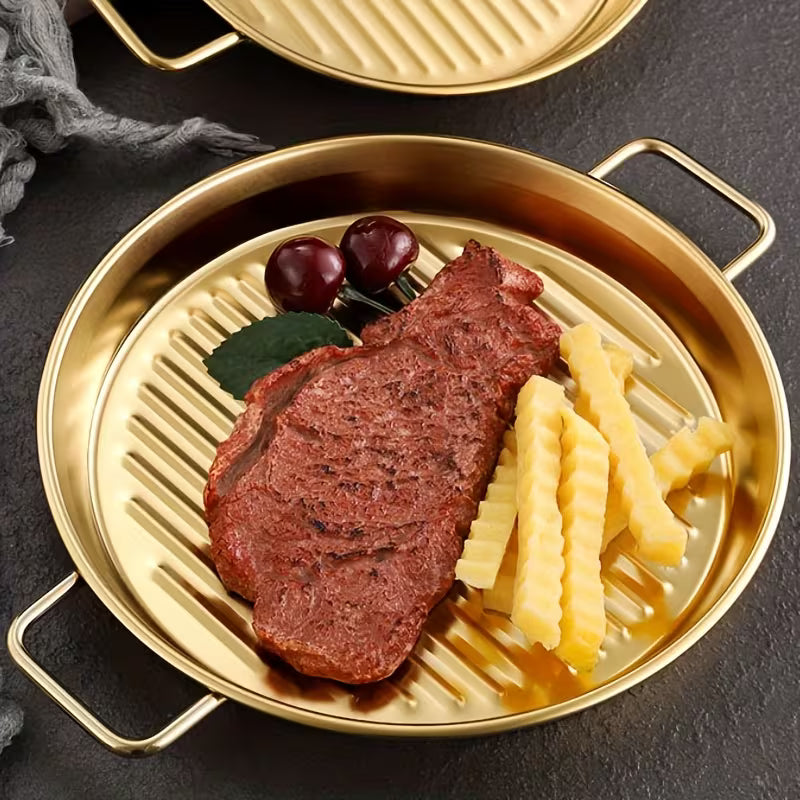 Golden Steak Style Platter Round Rustproof Dinner Plate