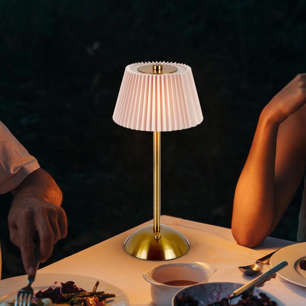Elegant Rechargeable Touch LED Table Lamp – White Pleated Shade & Golden Base