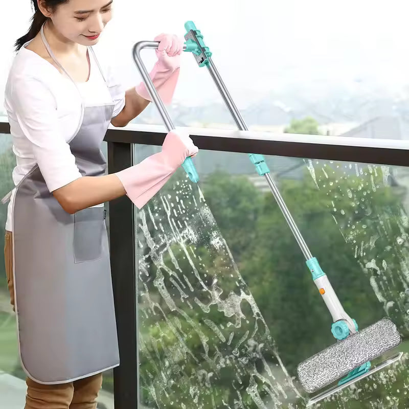 U-Shaped Window Glass Cleaner, Retractable Pole Washing Dust Cleaner Brush, Double-Sided Glass Cleaning Tool