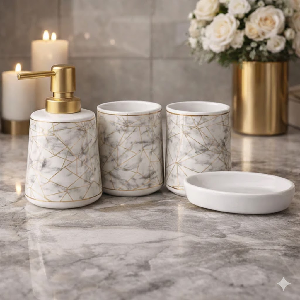 Luxury Marble Bathroom Accessories Set – 4-Piece Ceramic Soap Dispenser & Tumbler Set