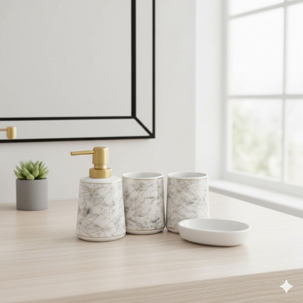 Luxury Marble Bathroom Accessories Set – 4-Piece Ceramic Soap Dispenser & Tumbler Set