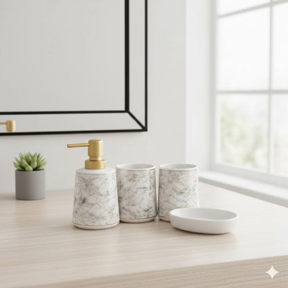 Luxury Marble Bathroom Accessories Set – 4-Piece Ceramic Soap Dispenser & Tumbler Set
