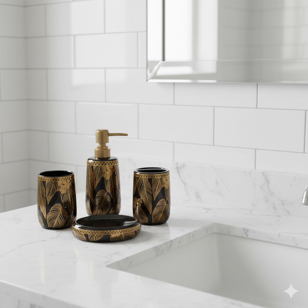 Luxury Ceramic Bathroom Accessories Set – 4 Piece Gold Floral Design | Soap Dispenser, Tumbler & Soap Dish