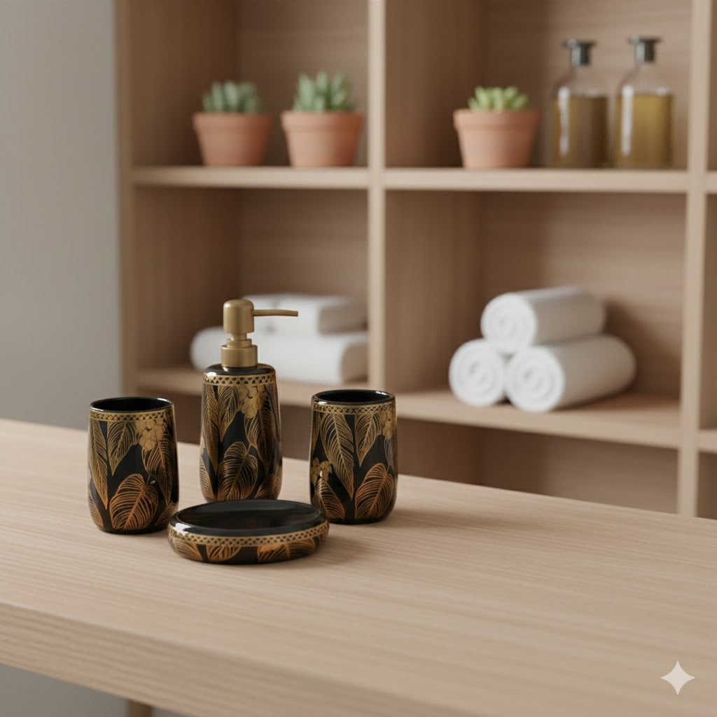 Luxury Ceramic Bathroom Accessories Set – 4 Piece Gold Floral Design | Soap Dispenser, Tumbler & Soap Dish