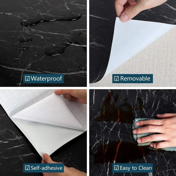 60x200cm Wall Paper Waterproof Heat Resistant Self Adhesive Anti Oil Kitchen Wallpaper Marble Sheet for Kitchen  (Black)