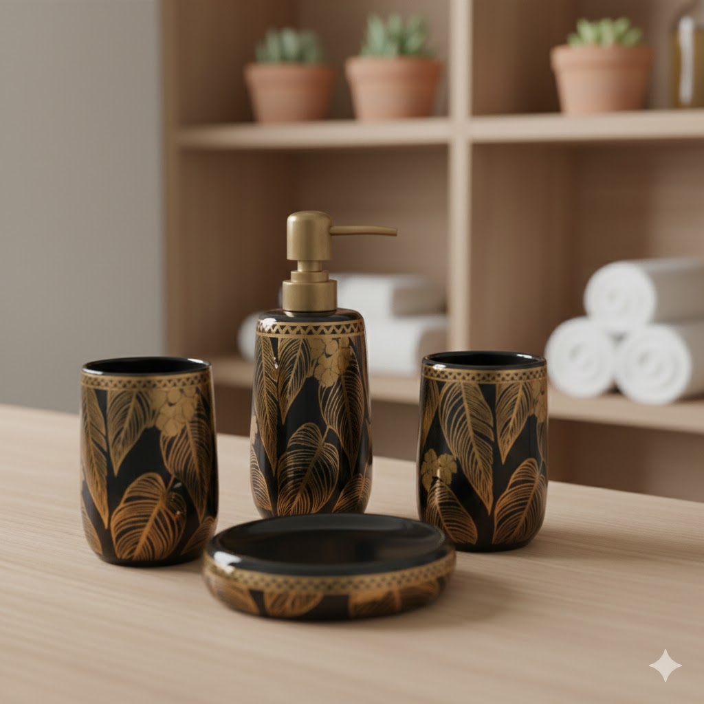 Luxury Ceramic Bathroom Accessories Set – 4 Piece Gold Floral Design | Soap Dispenser, Tumbler & Soap Dish