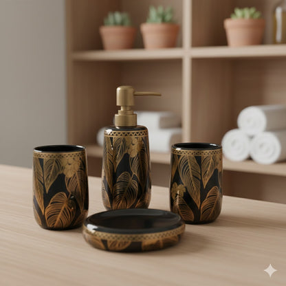 Luxury Ceramic Bathroom Accessories Set – 4 Piece Gold Floral Design | Soap Dispenser, Tumbler & Soap Dish