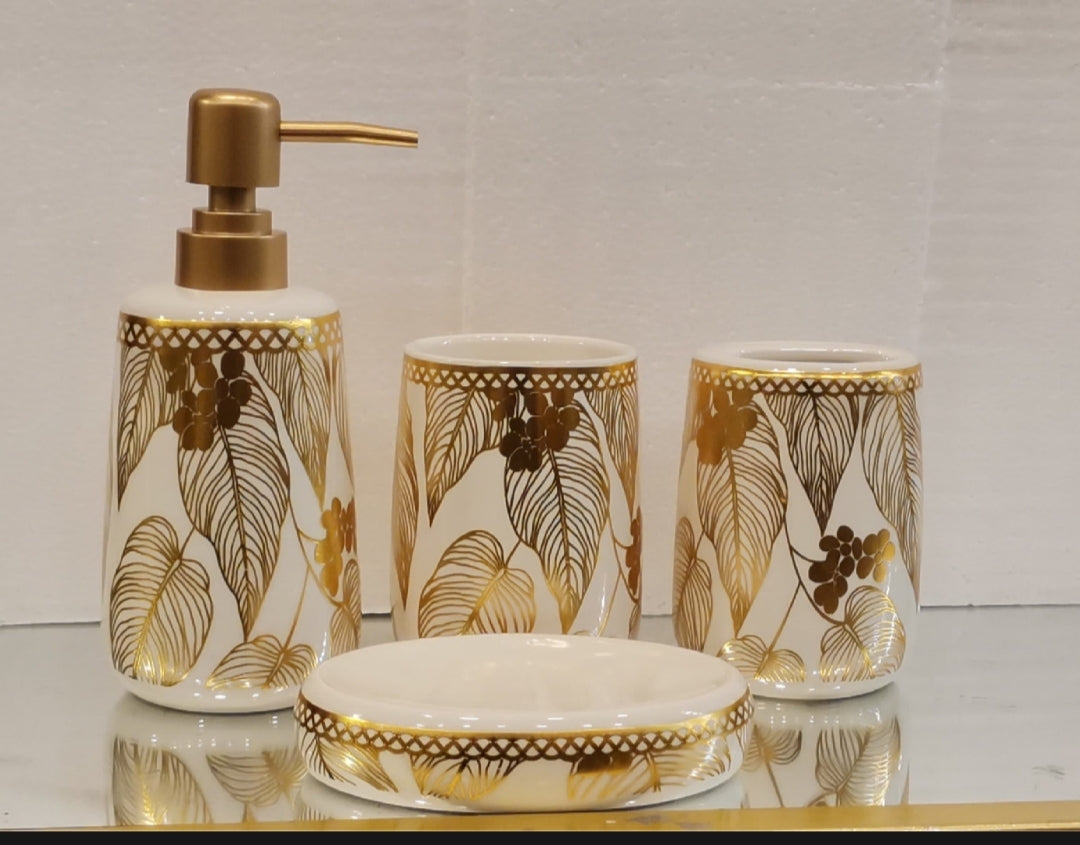 Luxury Ceramic Bathroom Accessories Set – 4 Piece Gold Floral Design | Soap Dispenser, Tumbler & Soap Dish