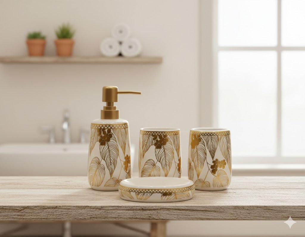 Luxury Ceramic Bathroom Accessories Set – 4 Piece Gold Floral Design | Soap Dispenser, Tumbler & Soap Dish