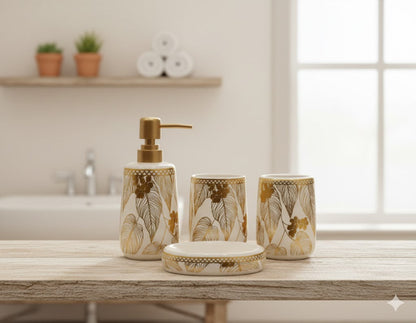 Luxury Ceramic Bathroom Accessories Set – 4 Piece Gold Floral Design | Soap Dispenser, Tumbler & Soap Dish