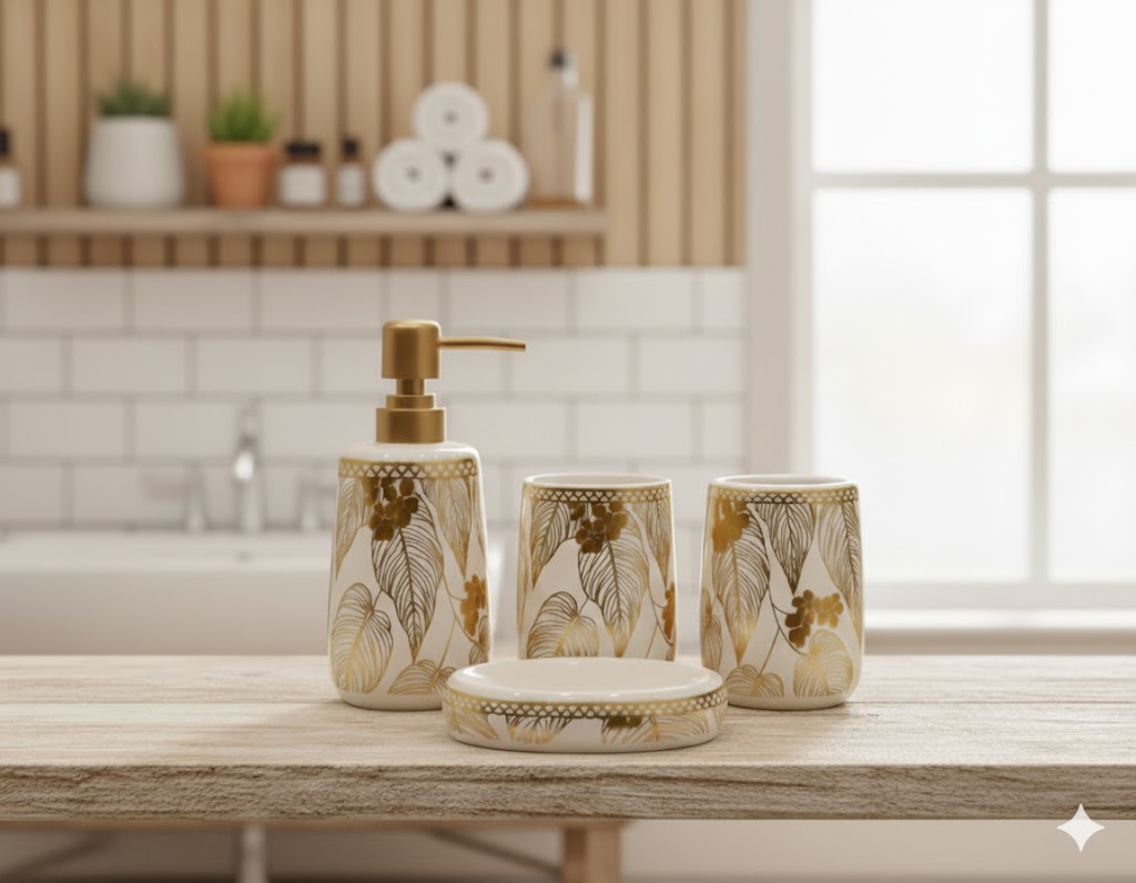 Luxury Ceramic Bathroom Accessories Set – 4 Piece Gold Floral Design | Soap Dispenser, Tumbler & Soap Dish