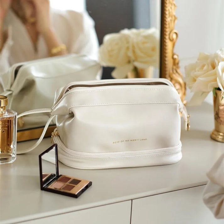 Luxury Leather Travel Makeup Bag – Large-Capacity Cosmetic Organizer with Multi-Compartment Design