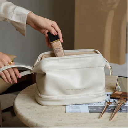 Luxury Leather Travel Makeup Bag – Large-Capacity Cosmetic Organizer with Multi-Compartment Design