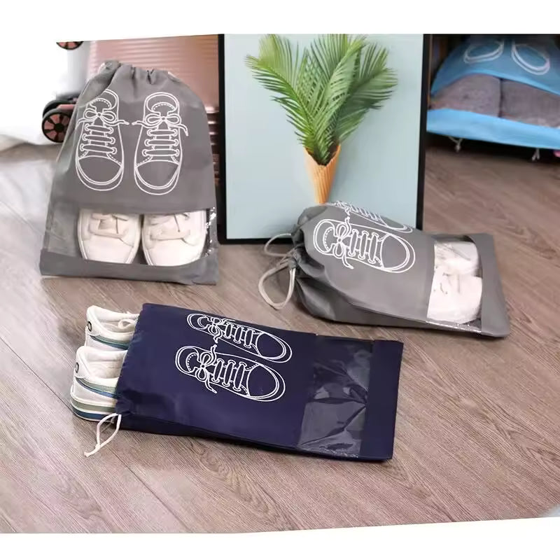 Shoe Storage Bag With Thickened Non-woven Fabric Strap Mouth Large Capacity Travel Waterproof Shoe Bag ( Pack Of 5)