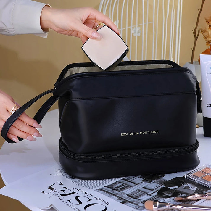 Luxury Leather Travel Makeup Bag – Large-Capacity Cosmetic Organizer with Multi-Compartment Design