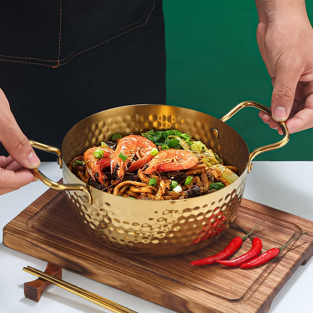 Luxury Golden Hammered Stainless Steel Noodle Pot with Double Handles – 16cm / 18cm