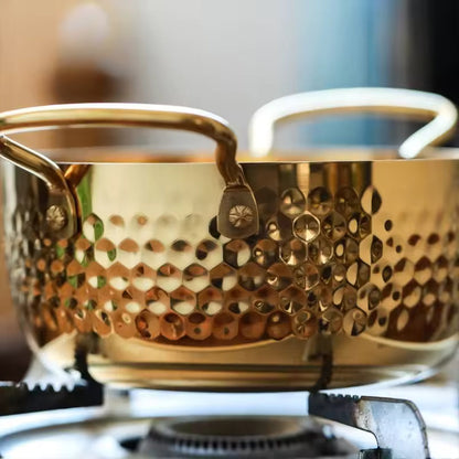 Luxury Golden Hammered Stainless Steel Noodle Pot with Double Handles – 16cm / 18cm