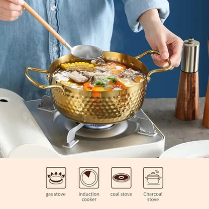 Luxury Golden Hammered Stainless Steel Noodle Pot with Double Handles – 16cm / 18cm