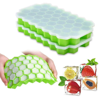 1 Ice Tray Easy Push Pop Out Square Silicon Ice Cubes Tray Honeycomb Shape Silicone Ice Cube Molds with Lid Flexible Tray for Refrigerator And Freezer