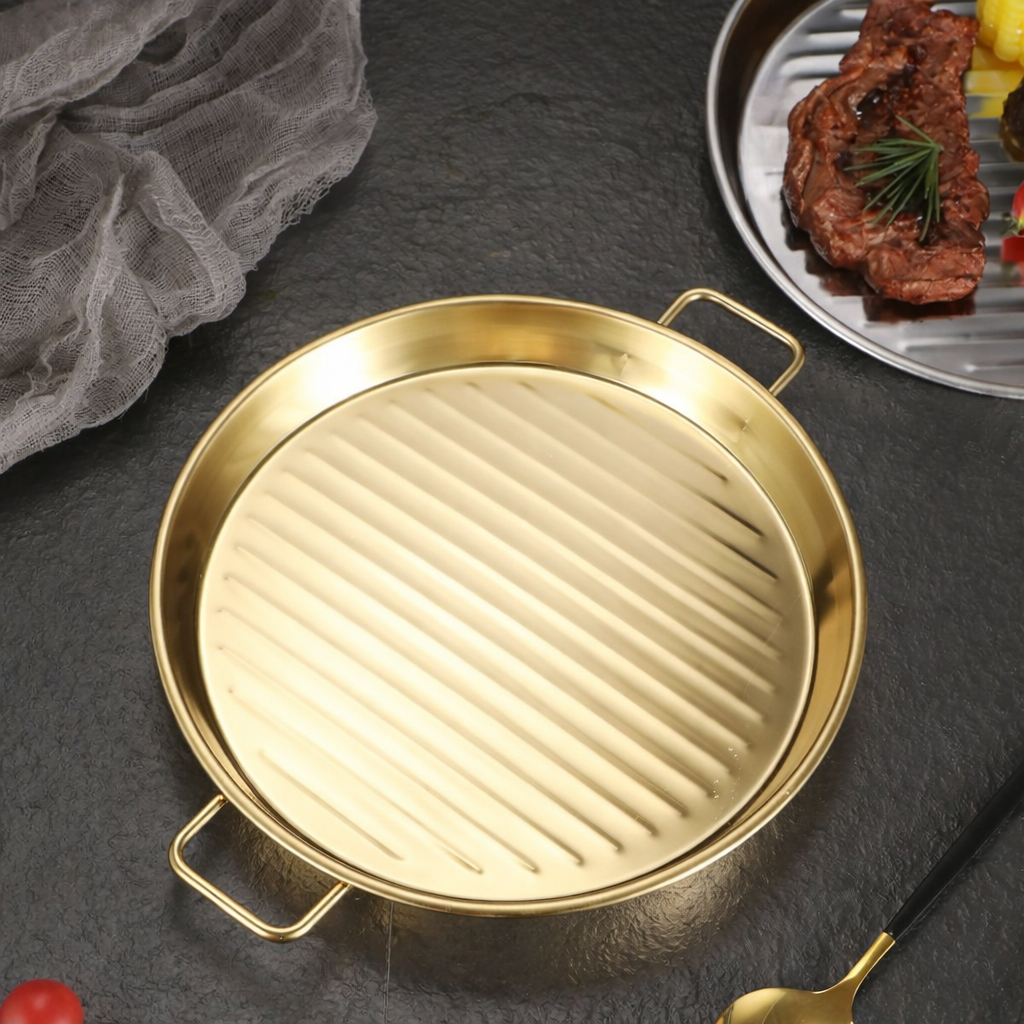 Golden Steak Style Platter Round Rustproof Dinner Plate