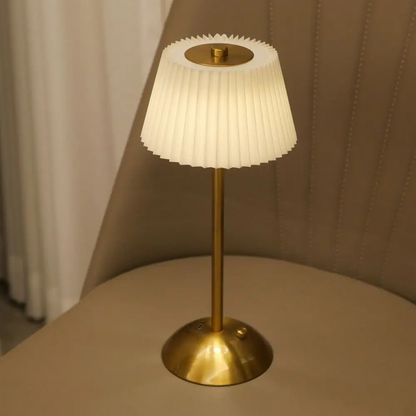Elegant Rechargeable Touch LED Table Lamp – White Pleated Shade & Golden Base