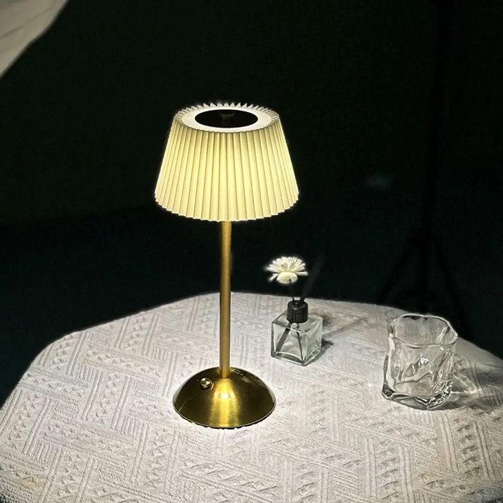 Elegant Rechargeable Touch LED Table Lamp – White Pleated Shade & Golden Base