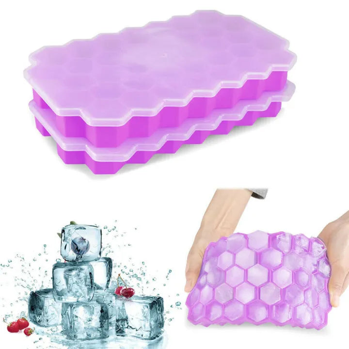 1 Ice Tray Easy Push Pop Out Square Silicon Ice Cubes Tray Honeycomb Shape Silicone Ice Cube Molds with Lid Flexible Tray for Refrigerator And Freezer