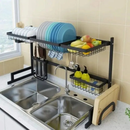 Over Sink Stretchable Storage Shelf Bowl Draining Rack Multifunctional Dish Utensil Organizer Set Adjustable Kitchen