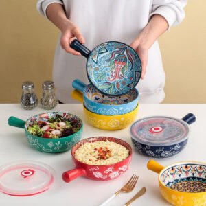 Colorful Round Ceramic Baking Dish With Single Handle Serving Dish