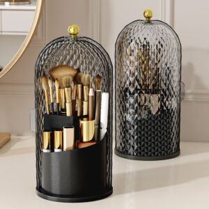 Makeup Brush Holder with Lid Diamond Birdcage 360 Rotating Makeup Organizer Dustproof