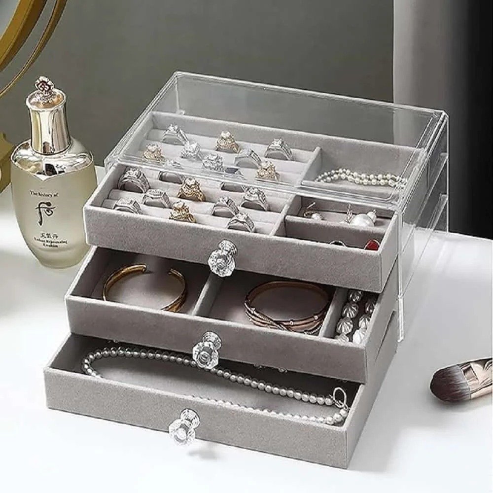 3 drawer velvet acrylic jewellery ring organizer - Image 2