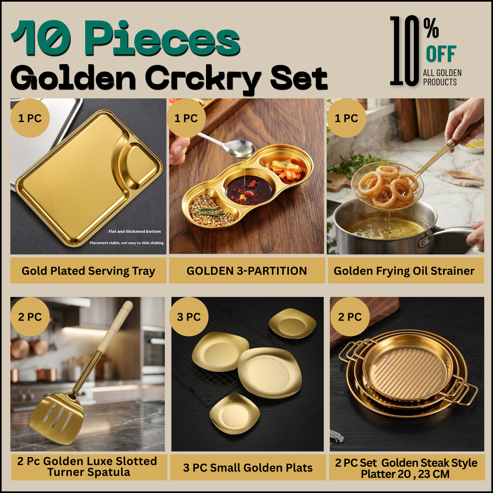 10 Pieces Golden Crockery Set Design One