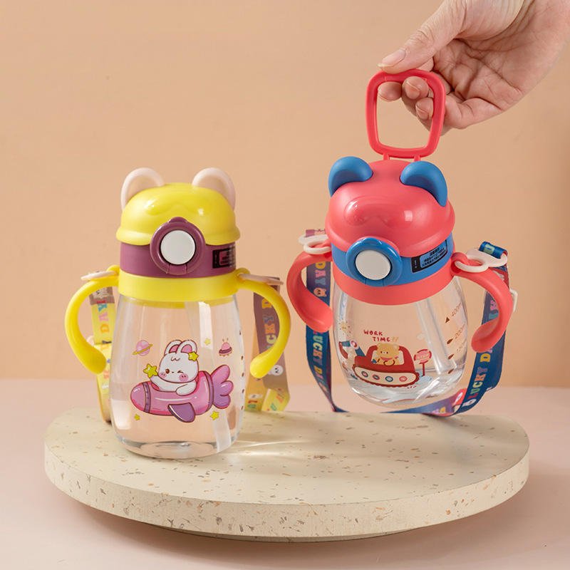 Cute Bear Straw Water Bottle With Carry Strap