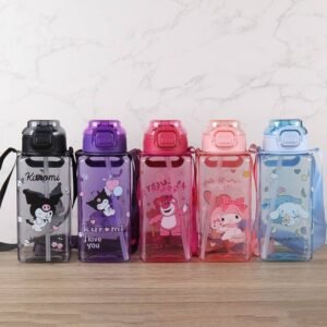 Square Cartoon Character Straw Water Bottle With Strap