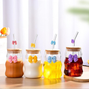 Curvy Glass Tumbler Set with Pink Bow Charms