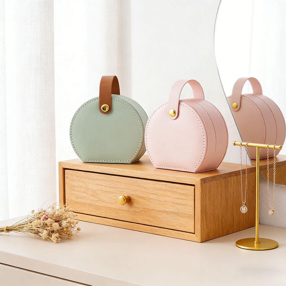 Circular Leather Jewellery Box With Handle | Organizer Box | Storage Box - Image 5