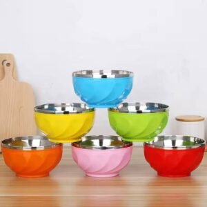 Stainless Steel Bowl Double Wall Thickened Bowls Tableware Kitchen Dinnerware Rice Fruit Soup Bowl Rendom Color – 12CM